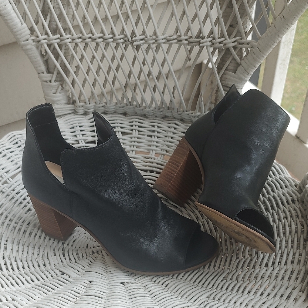 Black Leather Peep-Toe Ankle Boots